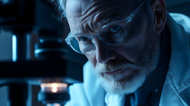 observing a sample under a high-powered microscope with a focused expression 