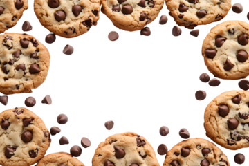 Chocolate chip cookie cookies food biscuits scattered flat lay composition overhead top view on transparent template cutout, PNG file. Mockup frame for artwork. Wallpaper banner border