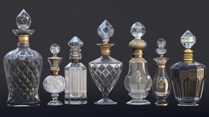 Elegant glass perfume bottles, various shapes and colors,  on a dark background.