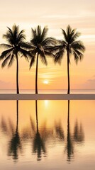 Fototapeta premium Elegant Sunset over a tropical beach with golden reflections on the water and silhouetted palm trees romantic and dreamy summer scene 