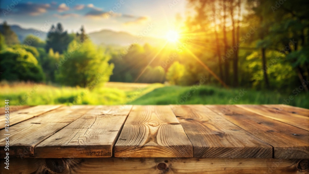 Poster rustic wooden tabletop with a serene sunset view of lush greenery and distant hills