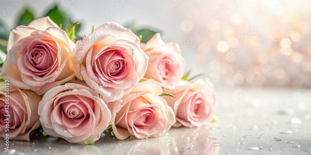 Poster a delicate bouquet of dew-kissed pink roses on a reflective surface with a soft, bokeh background