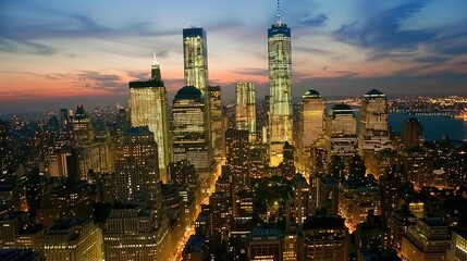 A stunning sunset view of a bustling city skyline with skyscrapers illuminated against a colorful sky