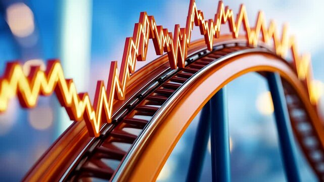 Rollercoaster track following a volatile stock market data trend, illustrating investment risk and market fluctuation depicting the volatility and risks of investing video 4k