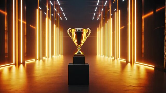 Gold trophy championship stage adorned with a laurel wreath shining on an illuminated podium in a dark room filled with neon lights background video 4k