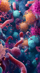 Obraz premium Microscopic World: A vibrant journey into the intricate beauty of cellular life, showcasing the diversity and complexity of microorganisms in a mesmerizing display of color and form.