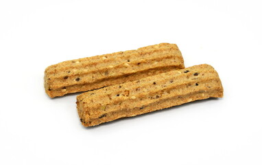 Integral bread sticks with flax seeds and sesame isolated on white background