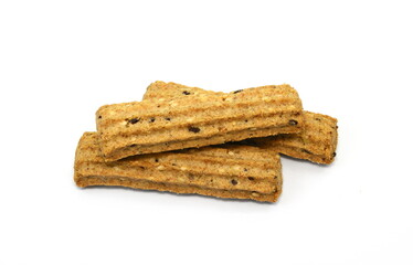 Integral bread sticks with flax seeds and sesame isolated on white background