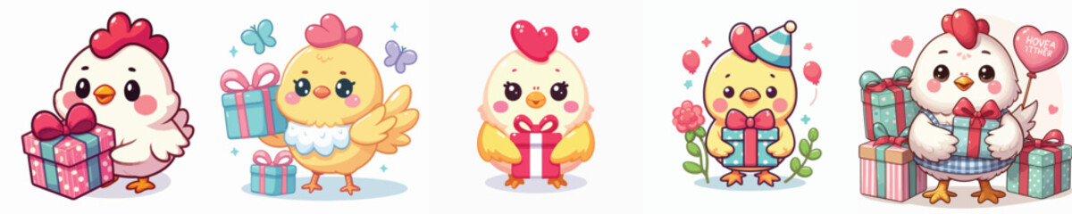 vector of cute chicks holding a gift