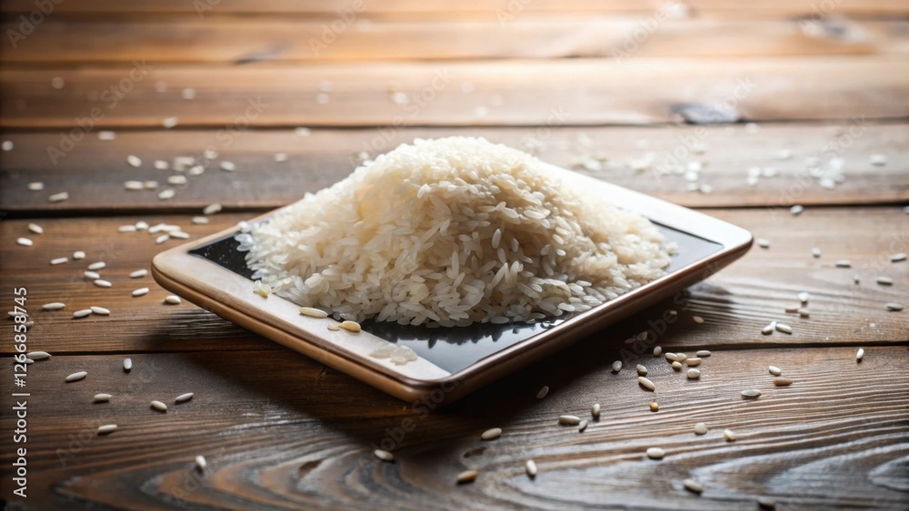 Poster a mound of uncooked white rice sits on a dark rectangular plate, resting on a rustic wooden surface 