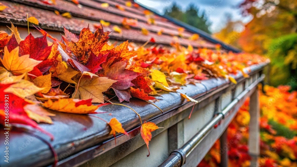 Poster autumnal leaves clogging a residential gutter system in a scenic fall setting