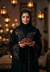 A Saudi woman in a black embroidered abaya, elegantly holding a golden tray of dates, standing in a beautifully decorated Ramadan setting.