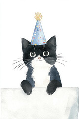 a cute watercolor tuxedo kitten wearing a birthday hat, peeping over a ledge with its arms hanging over, illustration by olivia gibbs,