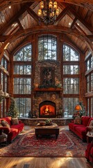 Fototapeta premium Cozy mountain cabin living room with stone fireplace and forest view in winter