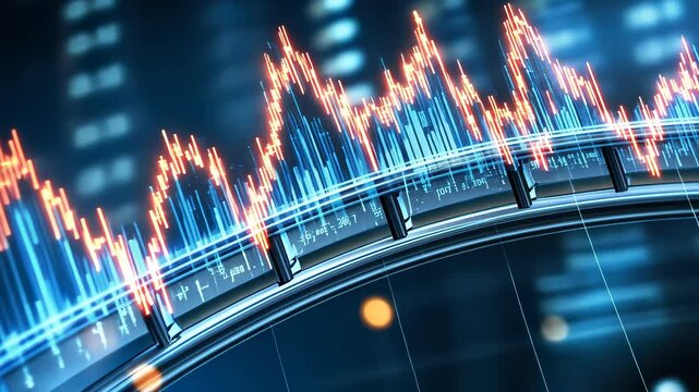 Rollercoaster track following a volatile stock market data trend, illustrating investment risk and market fluctuation depicting the volatility and risks of investing video 4k
