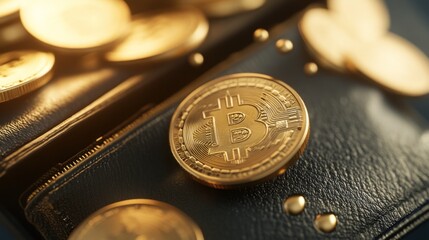 Golden Bitcoin coin in a leather wallet, surrounded by other coins.