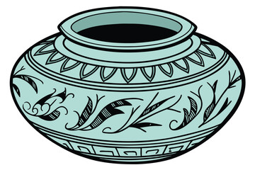   Ceramic vase, turquoise glaze, round shape, wide mouth, pottery, ceramic art, decorative vessel, rustic elegance, mottled texture, handcrafted, antique finish, Ming dynasty style, teal and black c