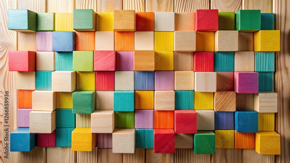 Aufkleber A vibrant collection of colorful wooden blocks arranged in a captivating pattern on a natural wood surface, showcasing a diverse array of hues and textures.