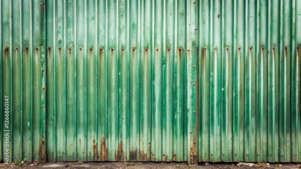 Aufkleber a weathered, corrugated metal fence with a faded green paint exhibiting signs of rust and age, revea