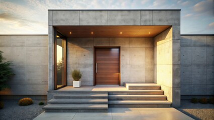 Modern House Entrance  Contemporary Design with Stone Steps and Wooden Door at Sunset