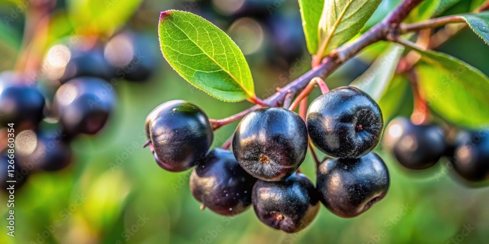 Poster close-up view of a cluster of dark-colored berries hanging from a branch, showcasing vibrant green l