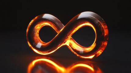 Burning infinity symbol glowing on wooden surface.