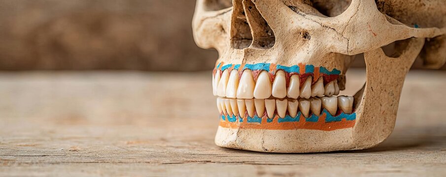 Detailed view of a human skull model with colored dental markings on wooden surface.