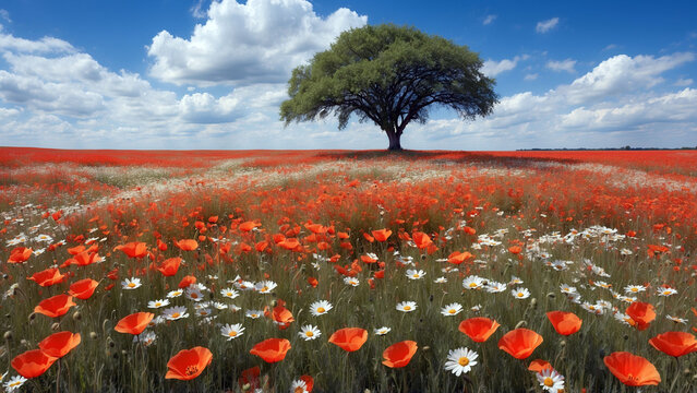 ast Field of Red Poppies and White Daisies with Blooming Tree and Clear Sky