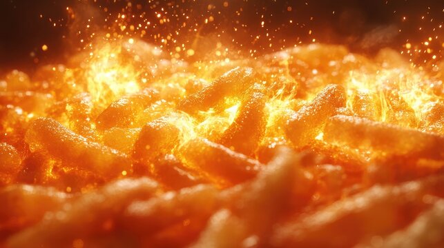 Fiery orange snacks engulfed in flames, sparks flying. Perfect for food packaging, commercials, or fiery themes.