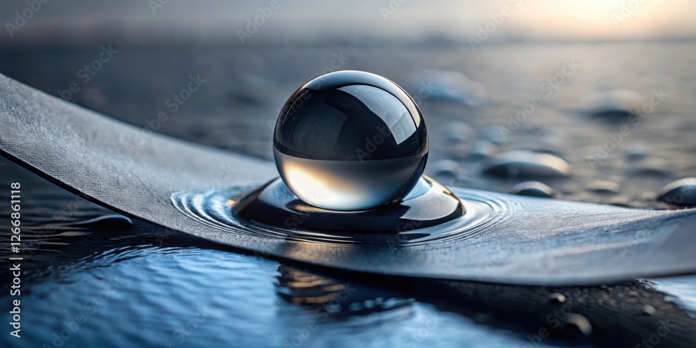 Poster a glassy sphere rests gently on a dark, smooth surface, creating concentric ripples in the liquid be