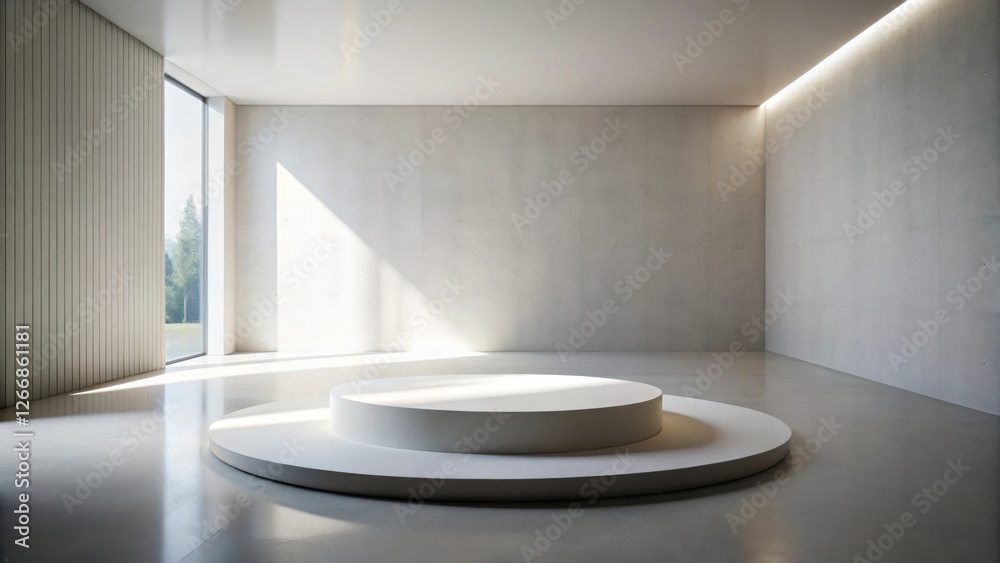 Aufkleber minimalist interior design showcasing a circular platform in a sunlit concrete room with a large win