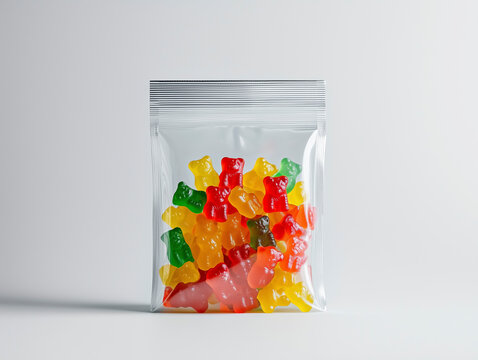 Stunning close-up of a candy bag filled with colorful gummy bears, perfect for advertising.