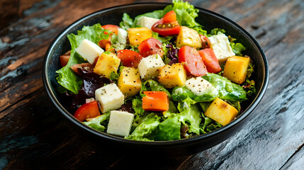 Fresh cheese salad, wooden table, healthy lunch