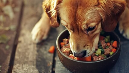 A hungry dog enjoys a nutritious meal with vegetables and meat in a bowl on a wooden surface outdoors
