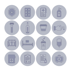Collection of various health-related icons including medical tools, medications, and care items. Importance in healthcare concept
