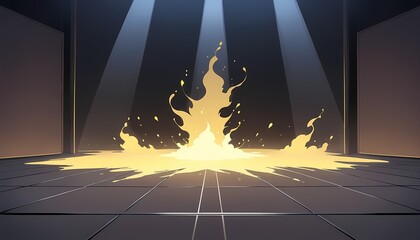 Black stage with yellow smoke below, like fog on the floor. In a dark room.