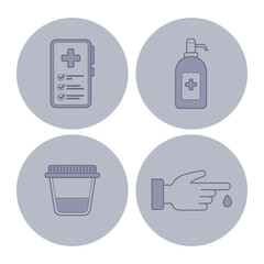 Fototapeta premium Collection of health care icons. Checklist, sanitizer, medicine container, and hand with blood drop. Useful for health-related projects and presentations