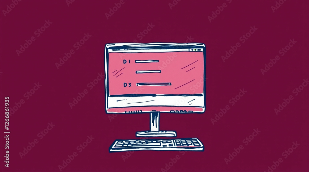 Poster Stylized computer display with data lists illustration on vibrant backdrop