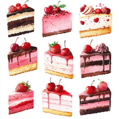 colorful valentines day cake slices, please include chocolate shavings, strawberries, cherries, 