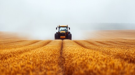 Obraz premium Tractor cultivating golden wheat fields under a misty sky, showcasing agricultural activity