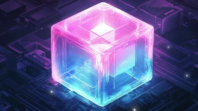 Abstract digital technology, glowing blue and purple light, cubes with the word AI