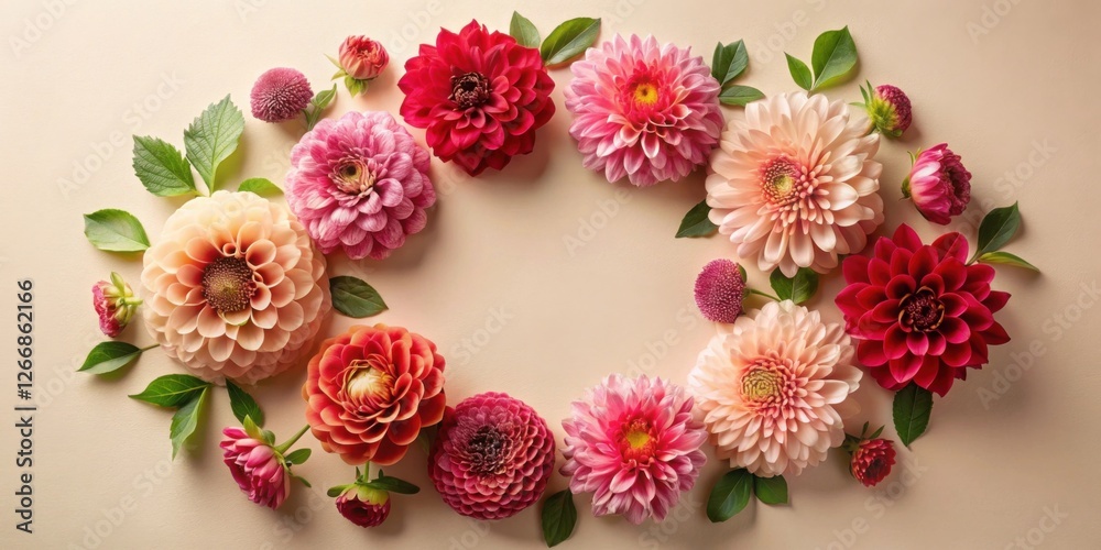Poster A vibrant arrangement of various dahlias and blossoms, meticulously composed in a circular frame, showcasing a delightful array of colors and textures on a neutral background