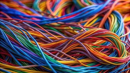 A vibrant tangle of colorful wires, a complex network of interconnected strands, showcasing a multitude of hues and textures in a dense arrangement.