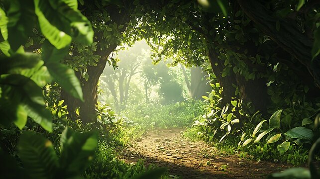Sunlit Woodland Path, A Verdant Tunnel of Natural Beauty and Serenity
