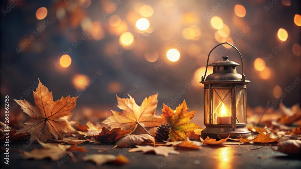 Poster autumnal glow a lantern's warm light amidst fallen leaves and a soft bokeh background