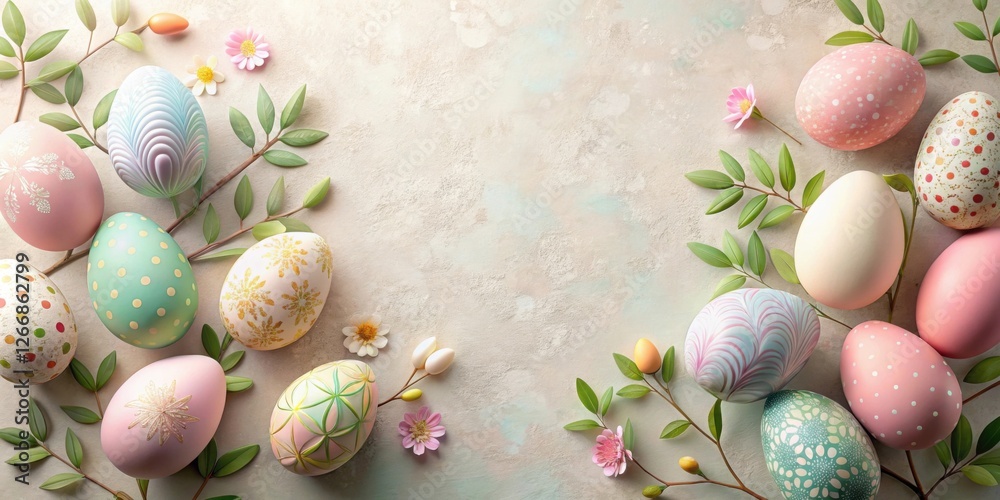 Aufkleber decorative easter eggs and spring blossoms arranged on a textured surface