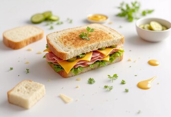 Delicious Sandwich Stacked With Fresh Ingredients and Garnished With Herbs. Generative AI