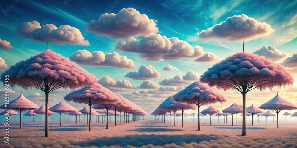 Aufkleber dreamlike canopy rows of pastel trees under a sky of fluffy clouds in a surreal landscape