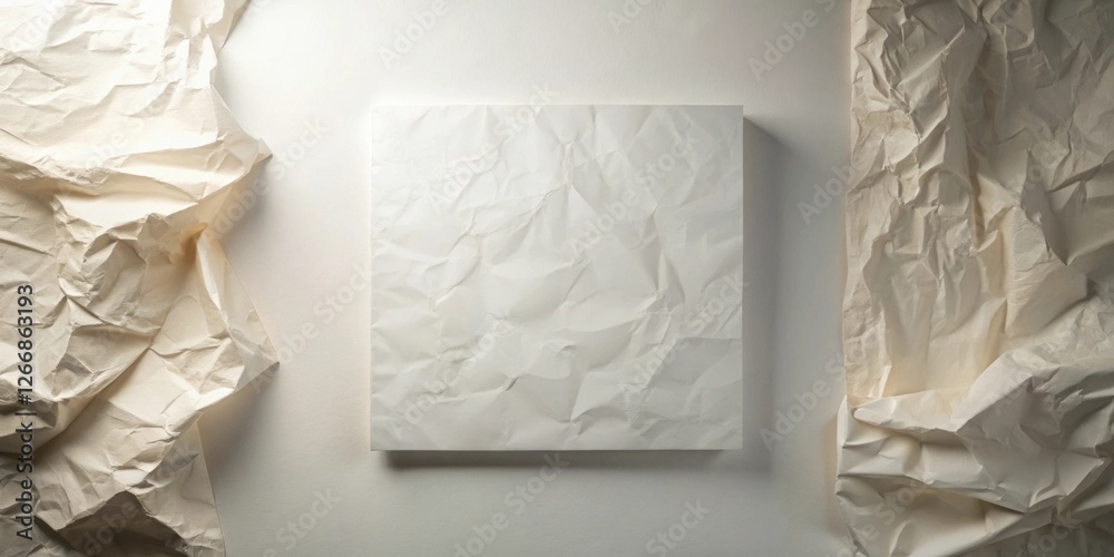Poster A textured composition featuring a central, crumpled sheet of white paper flanked by softly rumpled off-white paper drapes, creating a visually appealing abstract background for design projects.
