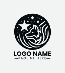 Wolf and Star Logo Design, Lunar Wolf Logo, Celestial Wolf Logo, Nocturnal Animal Logo